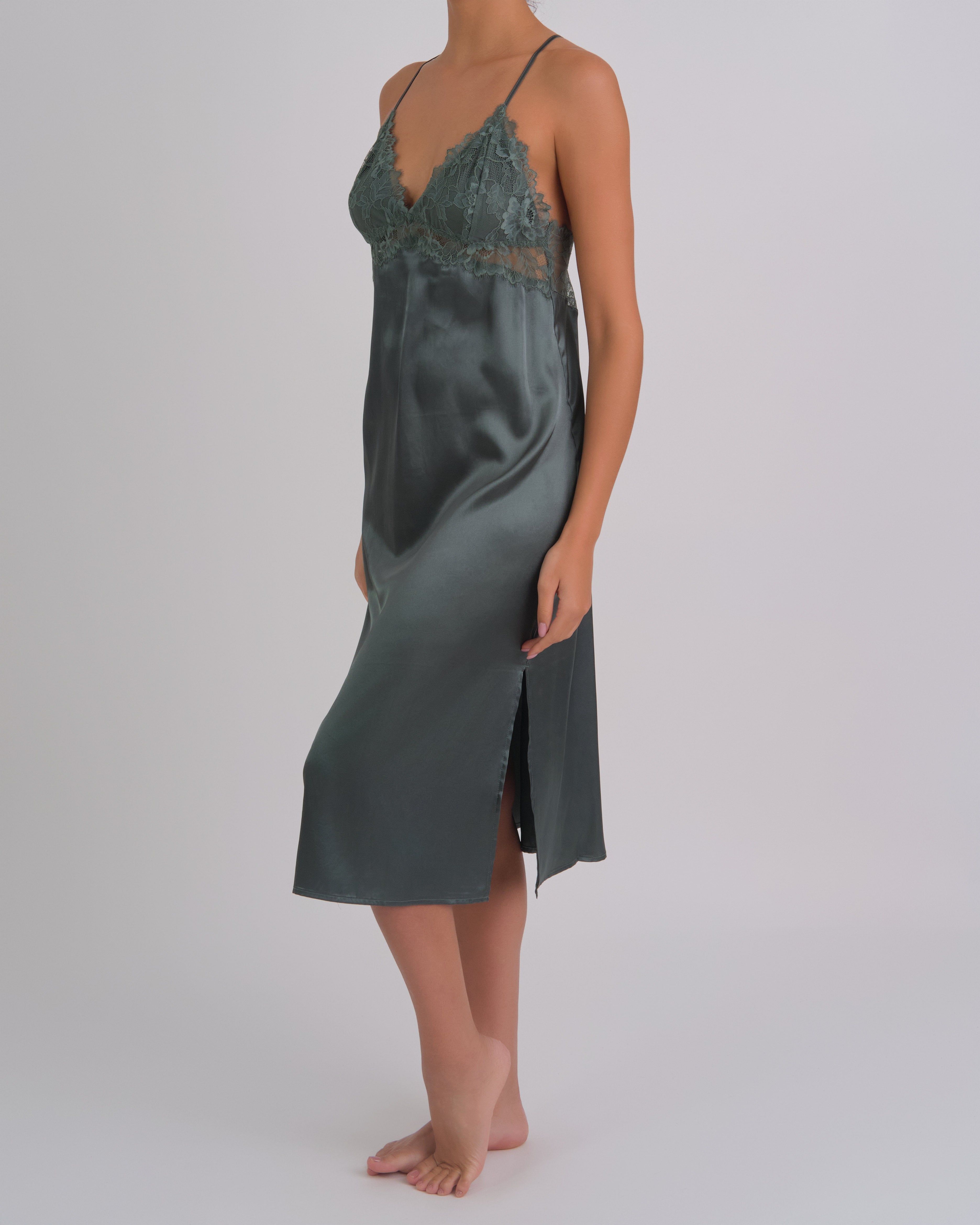 Slip Midi Length Stretch Satin W Sheer Luv Lc Z6W1 / MED