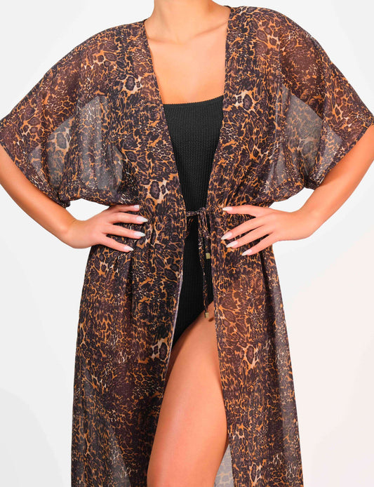 Leopard Chiffon Long Cover Up Dark Leopard Print / MED