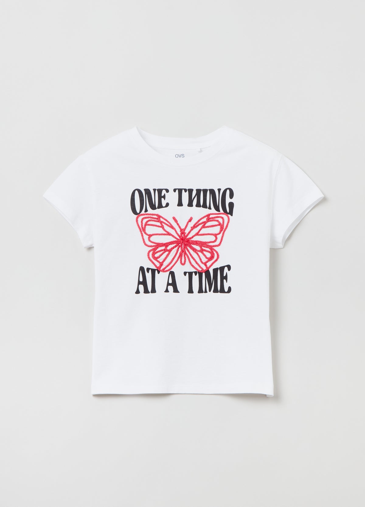 Cotton T-shirt with print and embroidered butterfly