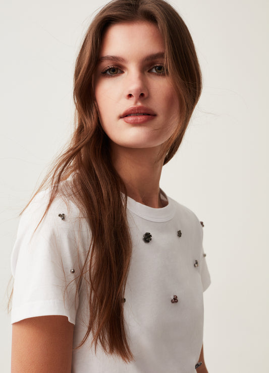 Cotton T-shirt with diamanté motifs