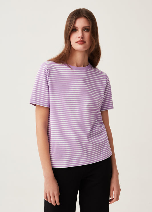 Fitness T-shirt with round neck in striped cotton