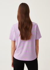 Fitness T-shirt with round neck in striped cotton