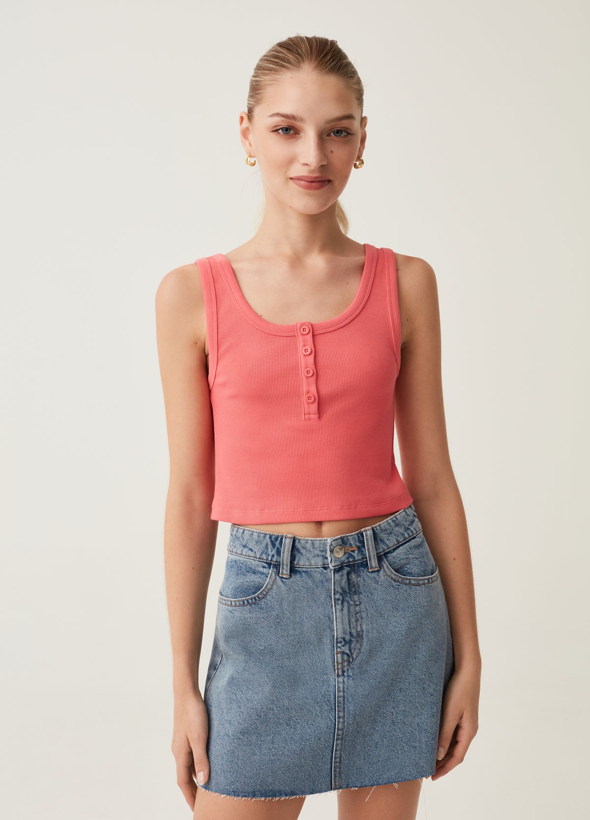 Ribbed crop top with granddad neckline