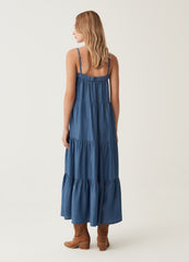 Long tiered dress with denim effect