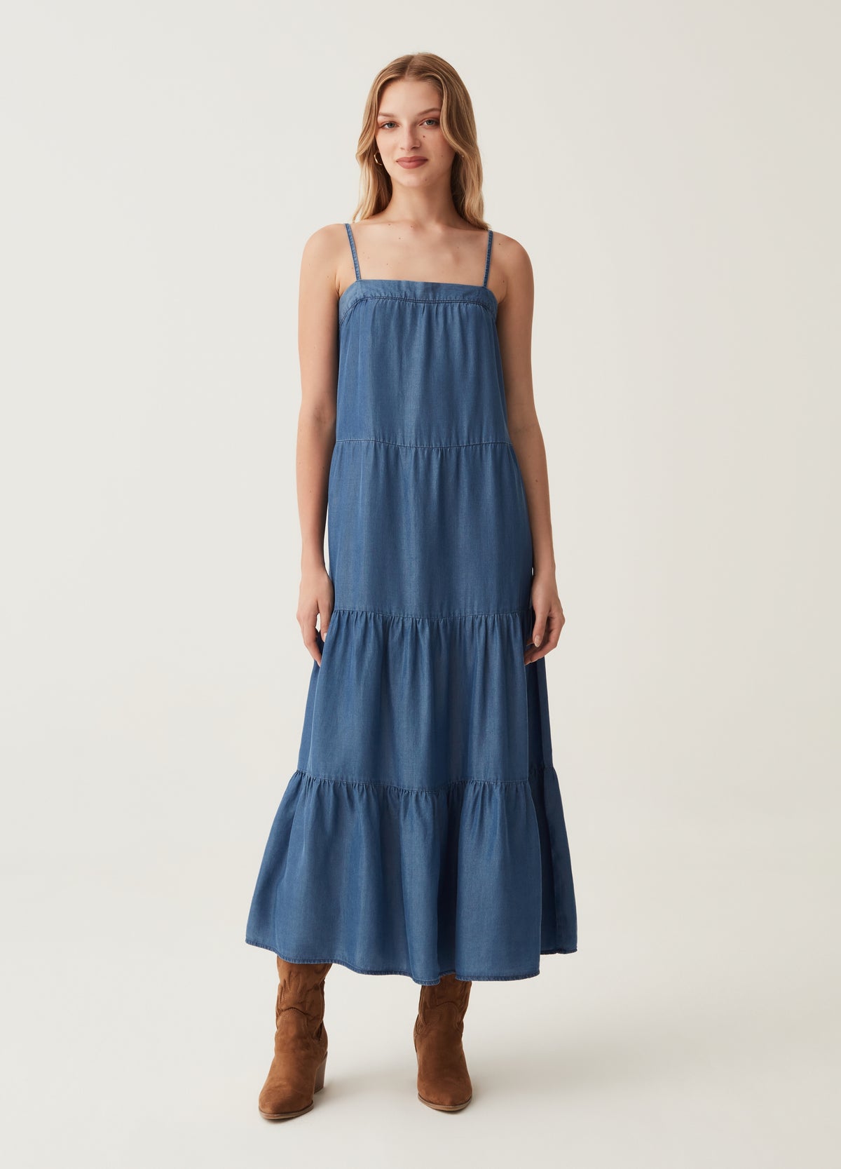 Long tiered dress with denim effect