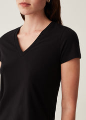 Stretch cotton T-shirt with V neck