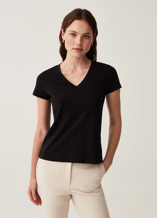 Stretch cotton T-shirt with V neck