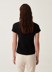 Stretch cotton T-shirt with V neck