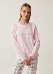 Fleece pyjama top with lettering embroidery