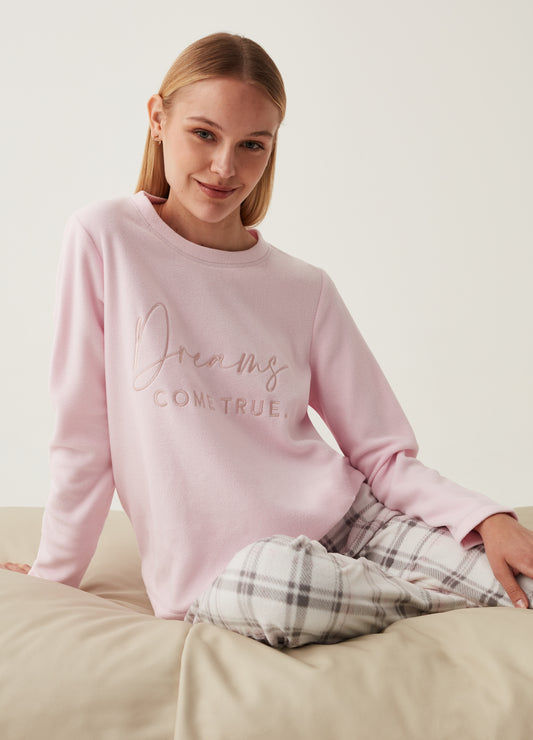 Fleece pyjama top with lettering embroidery