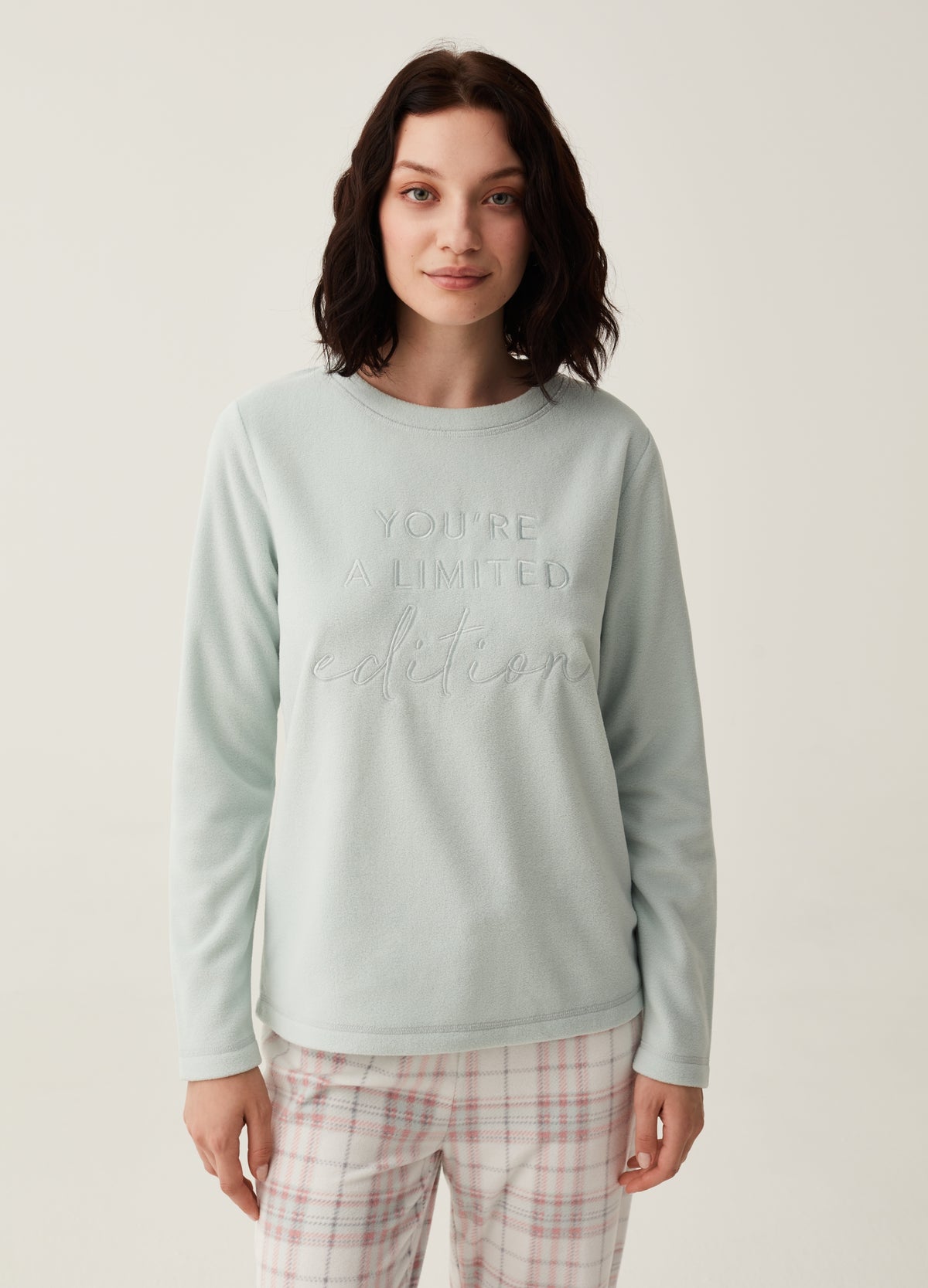 Fleece pyjama top with embroidery