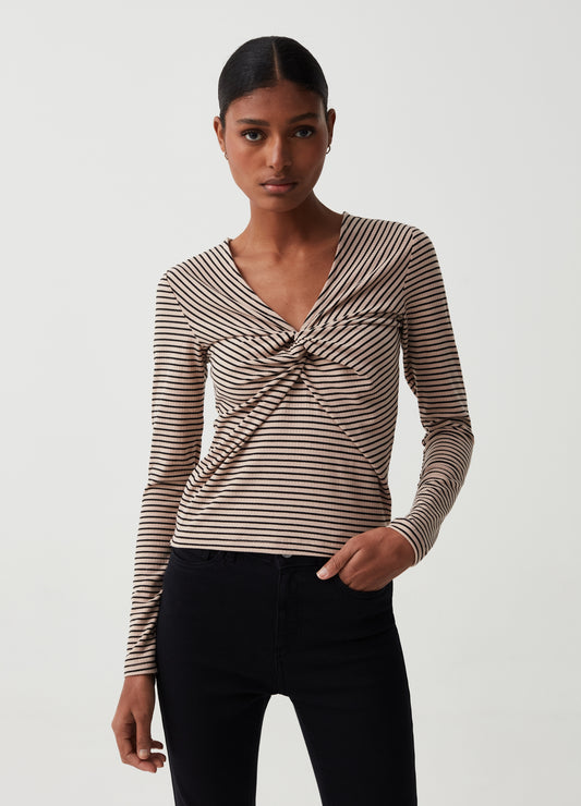 Striped T-shirt with long sleeves and knot