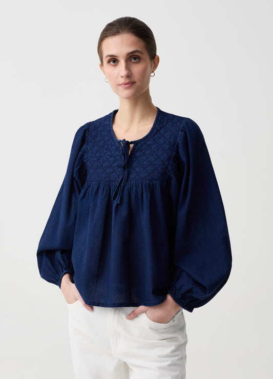 Denim blouse with diamond embroidery