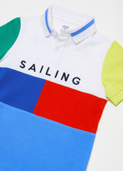 Colourblock piquet polo shirt with print