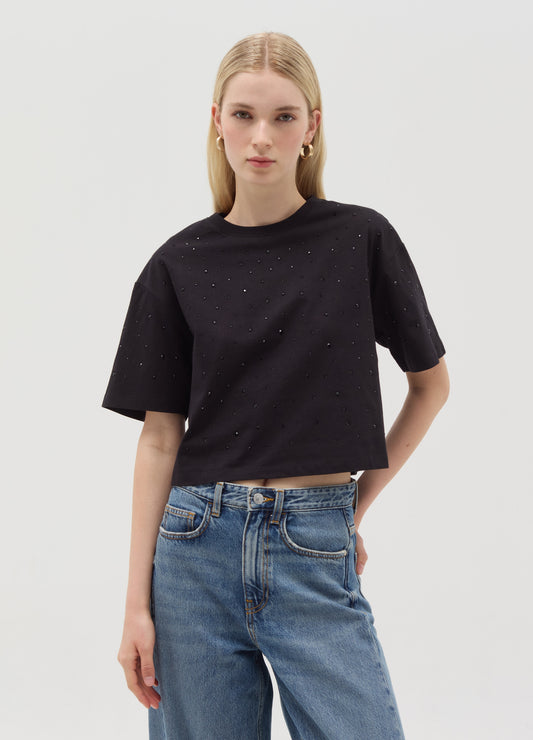 Cotton T-shirt with diamanté motifs