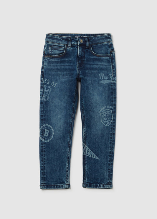 Slim-fit jeans with five pockets and ''Varsity'' print