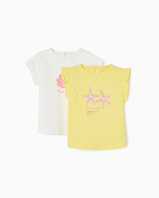 Pack 2 Cotton T-shirts for Baby Girls 'Shell and Starfish'