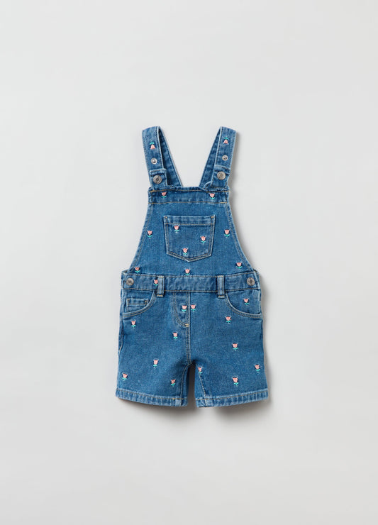 OVS Kids Girl Denim Dungarees With Small Flowers Embroidery