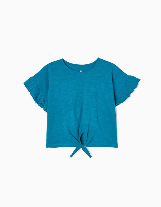 Zippy Cropped Cotton T-Shirt With Knot For Girls