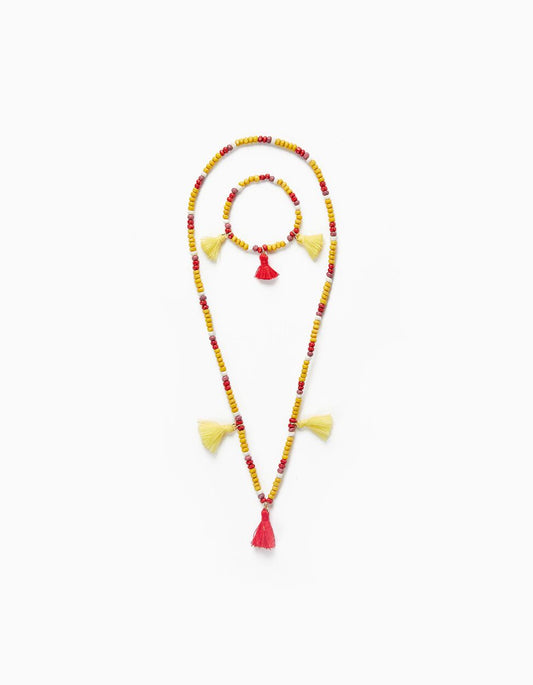 Zippy Necklace + Bracelet With Beads And Tassels For Girls, Red/Yellow