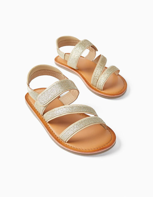 Zippy Leather Sandals For Girls, Golden