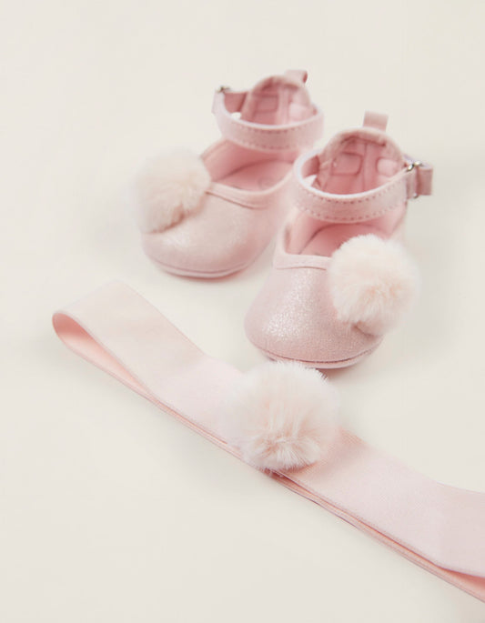 Zippy Newborn Baby Girls Ballet Pumps + Headband With Pompom