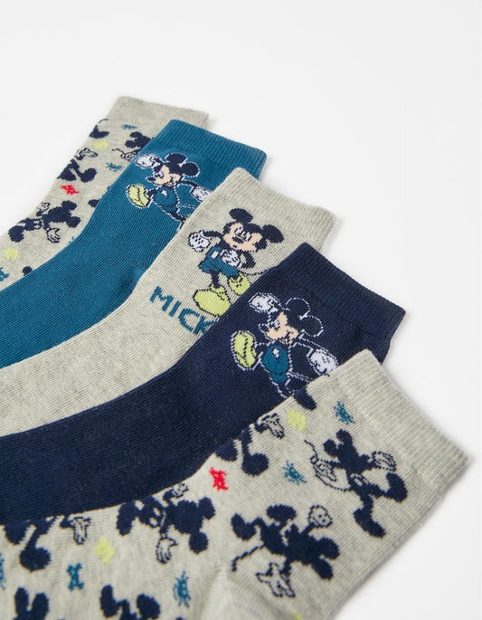 Zippy 5 Pairs Of Socks For Boys 'Mickey', Blue/Grey