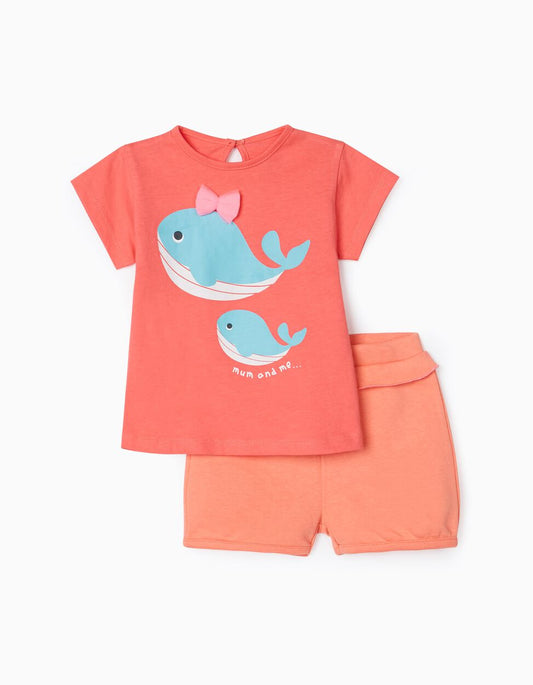 Zippy T-Shirt + Shorts For Baby Girls, Coral/Orange