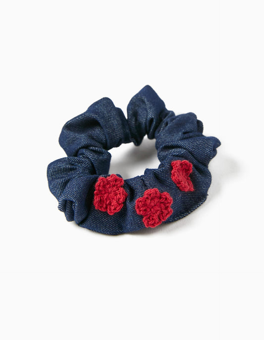 Zippy Girls Denim Scrunchie With Red Crochet Flowers