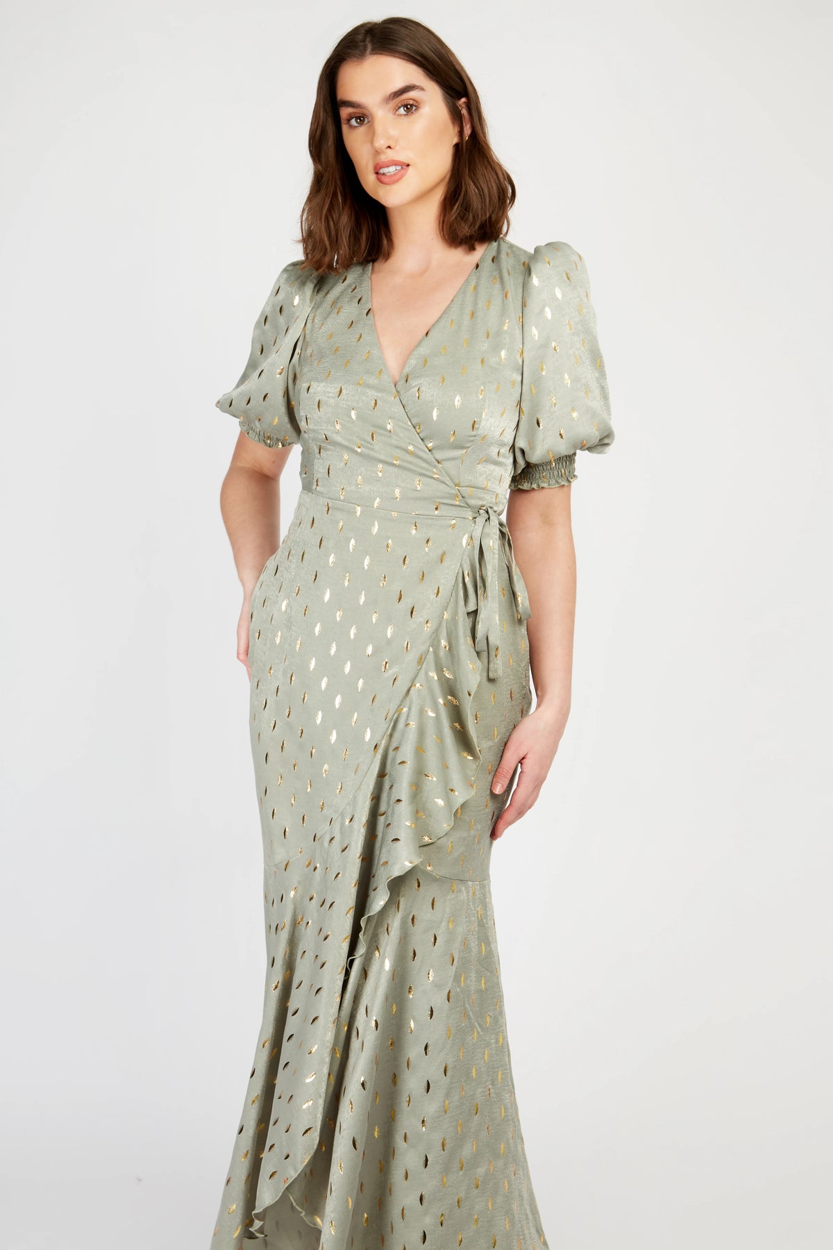 Little Mistress Sage Foil Wrap Maxi Dress