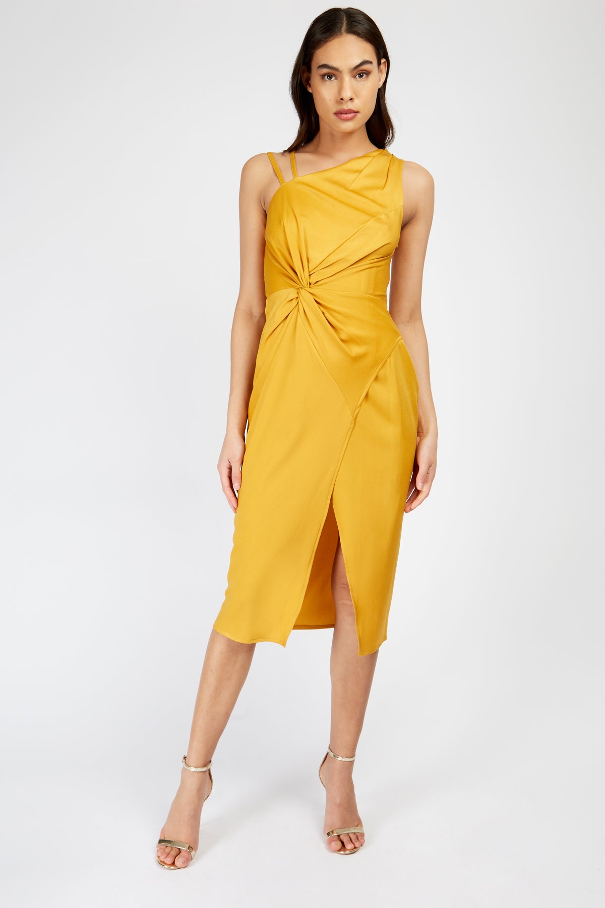 Little Mistress Mustard Satin Midi Dress