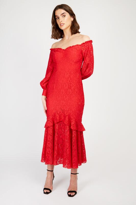 Little Mistress Red Lace Midaxi Dress