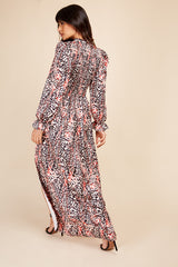 Little Mistress Animal Print Satin Shirred Mock Wrap Maxi Dress