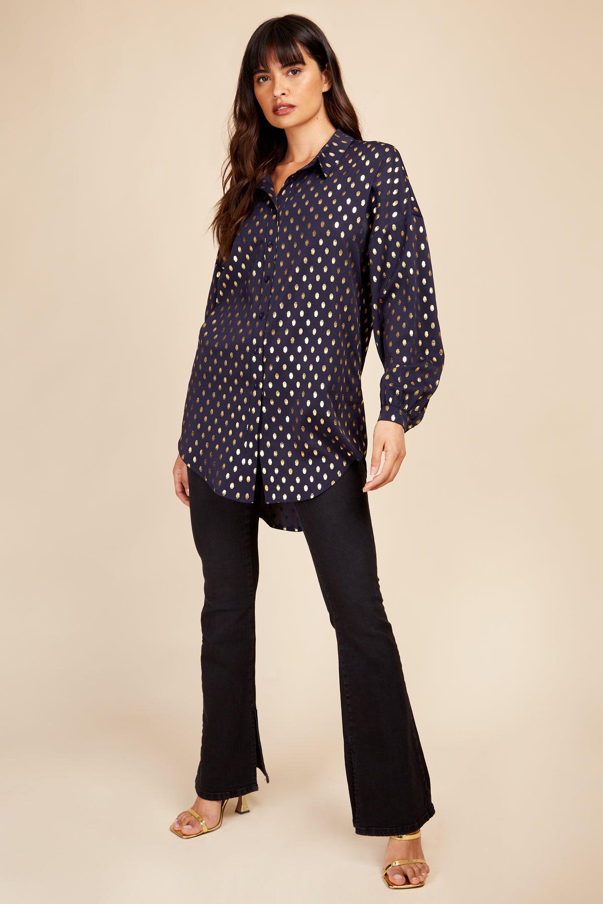 Little Mistress Navy Satin Foil Shirt