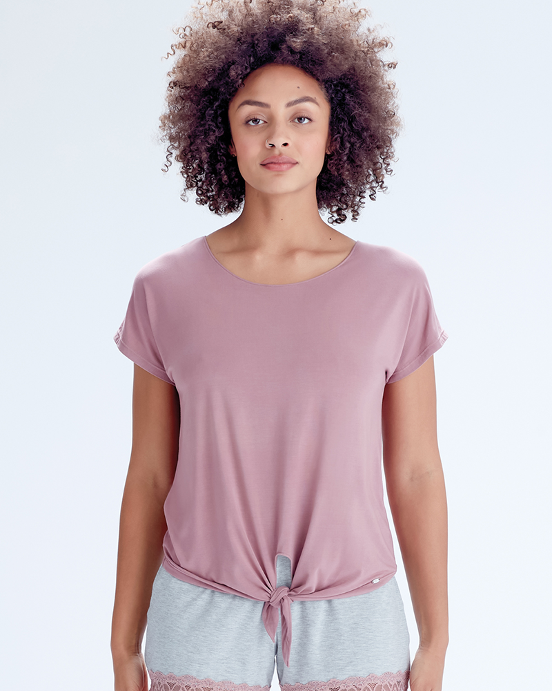 Pretty Polly Casual Comfort Short Sleeve Knot Detail Top- Sugar Plum