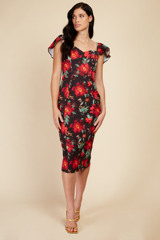 Little Mistress Floral Print Midi Bodycon And Cap Sleeves