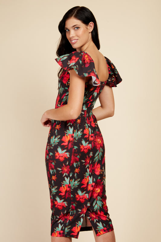 Little Mistress Floral Print Midi Bodycon And Cap Sleeves