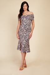 Little Mistress Bardot Midi Dress With Leopard Print