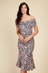 Little Mistress Bardot Midi Dress With Leopard Print