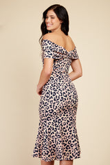 Little Mistress Bardot Midi Dress With Leopard Print