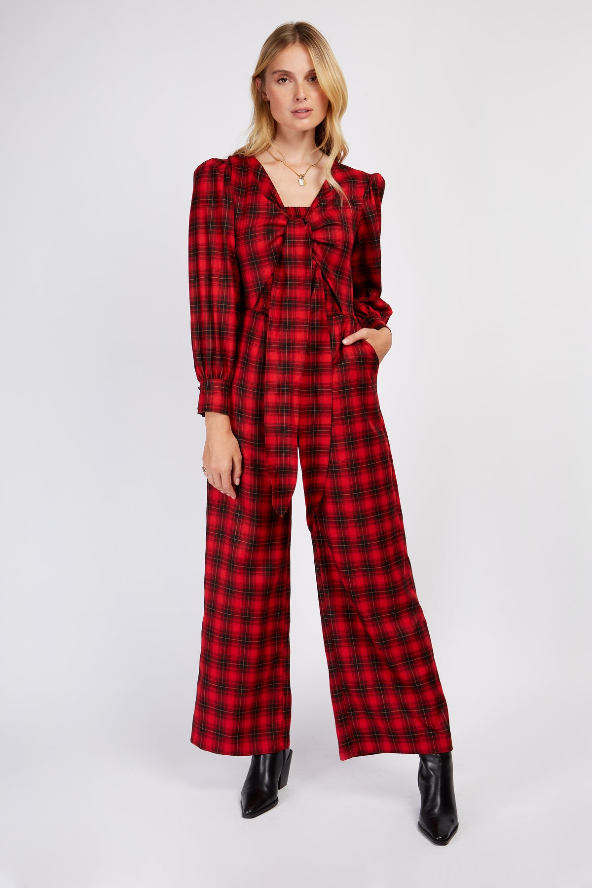 Little Mistress Red Check Tie Jumpsuit