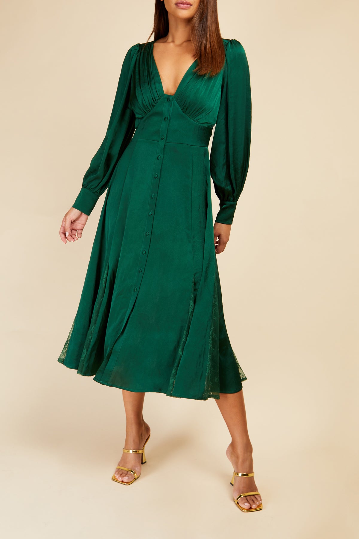 Little Mistress Green Satin Midi Dress