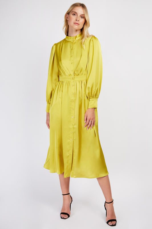 Little Mistress Lime Satin Midi Dress