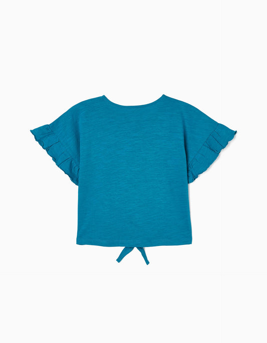 Zippy Cropped Cotton T-Shirt With Knot For Girls